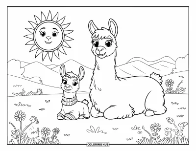 Coloriage de lama pour enfants : Un bébé lama en pull est assis avec sa maman sous un grand soleil souriant