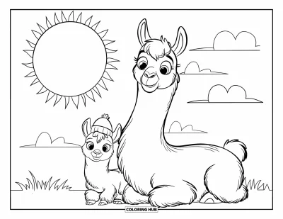 Coloriage de lama pour enfants : Un bébé lama est assis à côté de sa maman sous un ciel ensoleillé