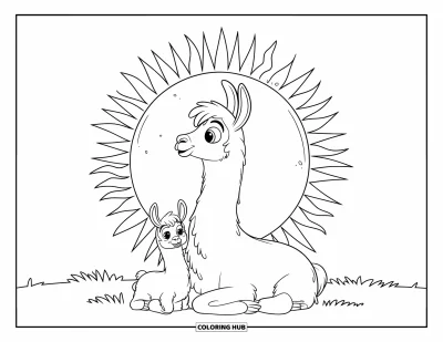 Coloriage de lama pour enfants : Un bébé lama est assis tranquillement à côté de sa maman dans un vaste champ d'herbe
