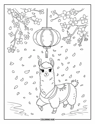 Coloriage de lama pour enfants : Un lama paisible en robe se repose sous la lumière des lanternes et des pétales de cerisier