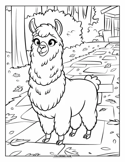 Coloriage de lama pour enfants : Un lama tranquille avec un collier se tient sur un chemin de pierres couvert de feuilles