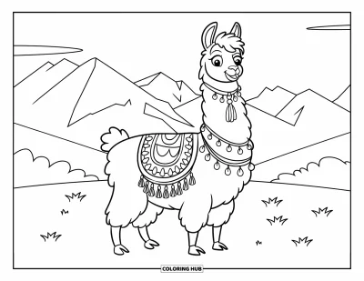 Coloriage de lama pour enfants : Un lama calme avec une belle selle se tient dans un champ herbeux au pied des montagnes