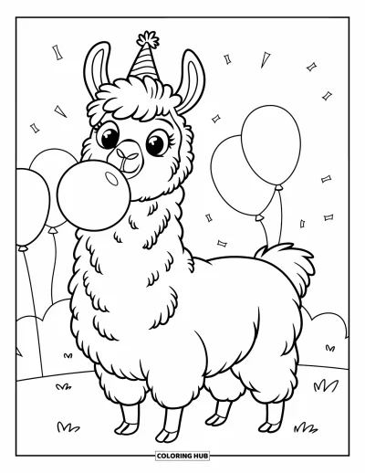 Coloriage de lama pour enfants : Un lama joyeux coiffé d'un chapeau de fête tient un ballon dans un pré