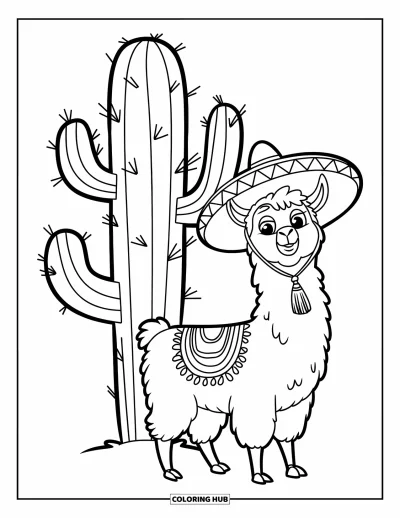 Coloriage de lama pour enfants : Un lama joyeux en sombrero se tient à côté d'un cactus épineux