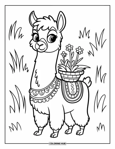 Coloriage de lama pour enfants : Un lama joyeux marche dans l'herbe avec des fleurs dans un panier sur le dos