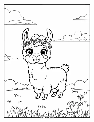 Coloriage de lama pour enfants : Un lama joyeux orné d'une couronne de fleurs colorées se tient dans l'herbe sous des nuages duveteux