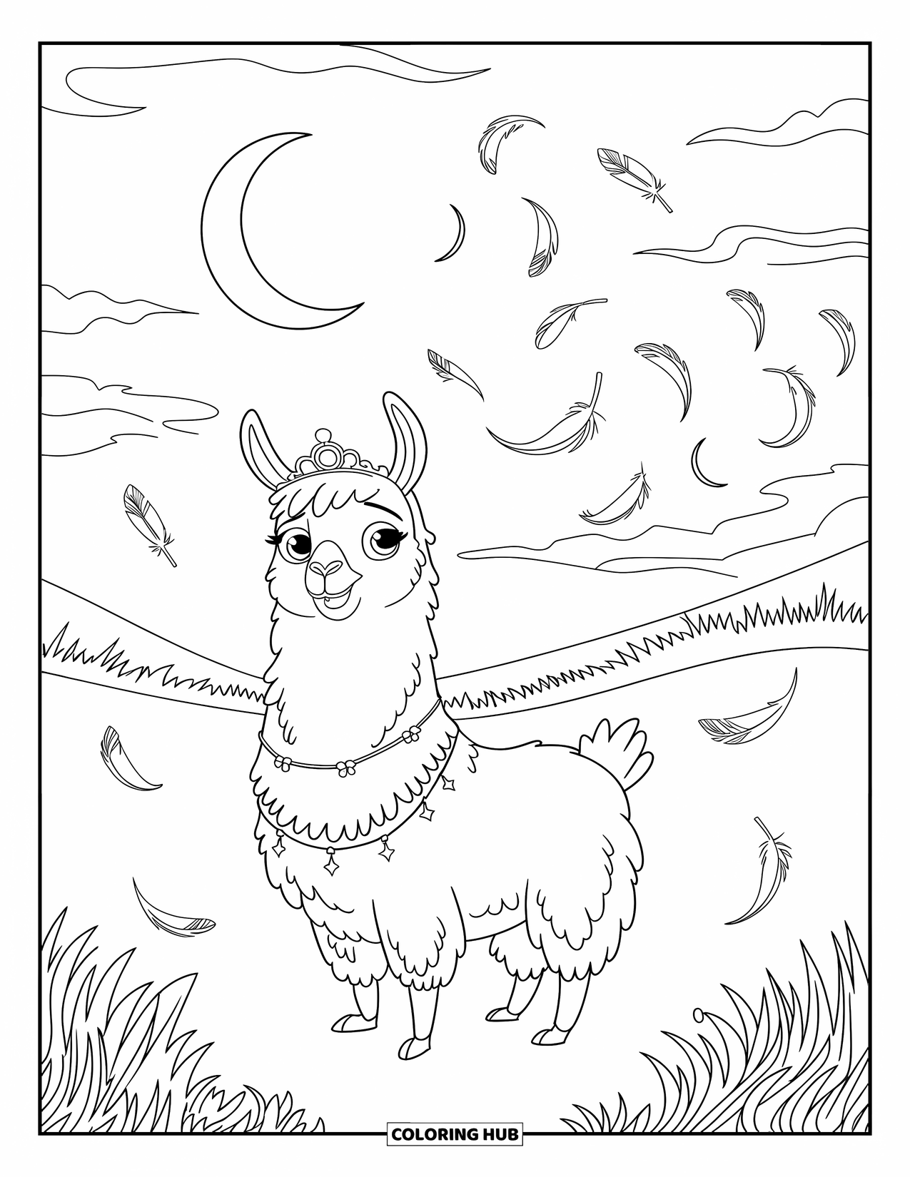 Llama Coloring Page for Kids: A cheerful llama with a crown stands under moons and feathers in a grassy field