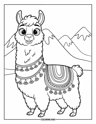 Coloriage de lama pour enfants : Un lama joyeux aux grands yeux se tient près de montagnes aux courbes douces