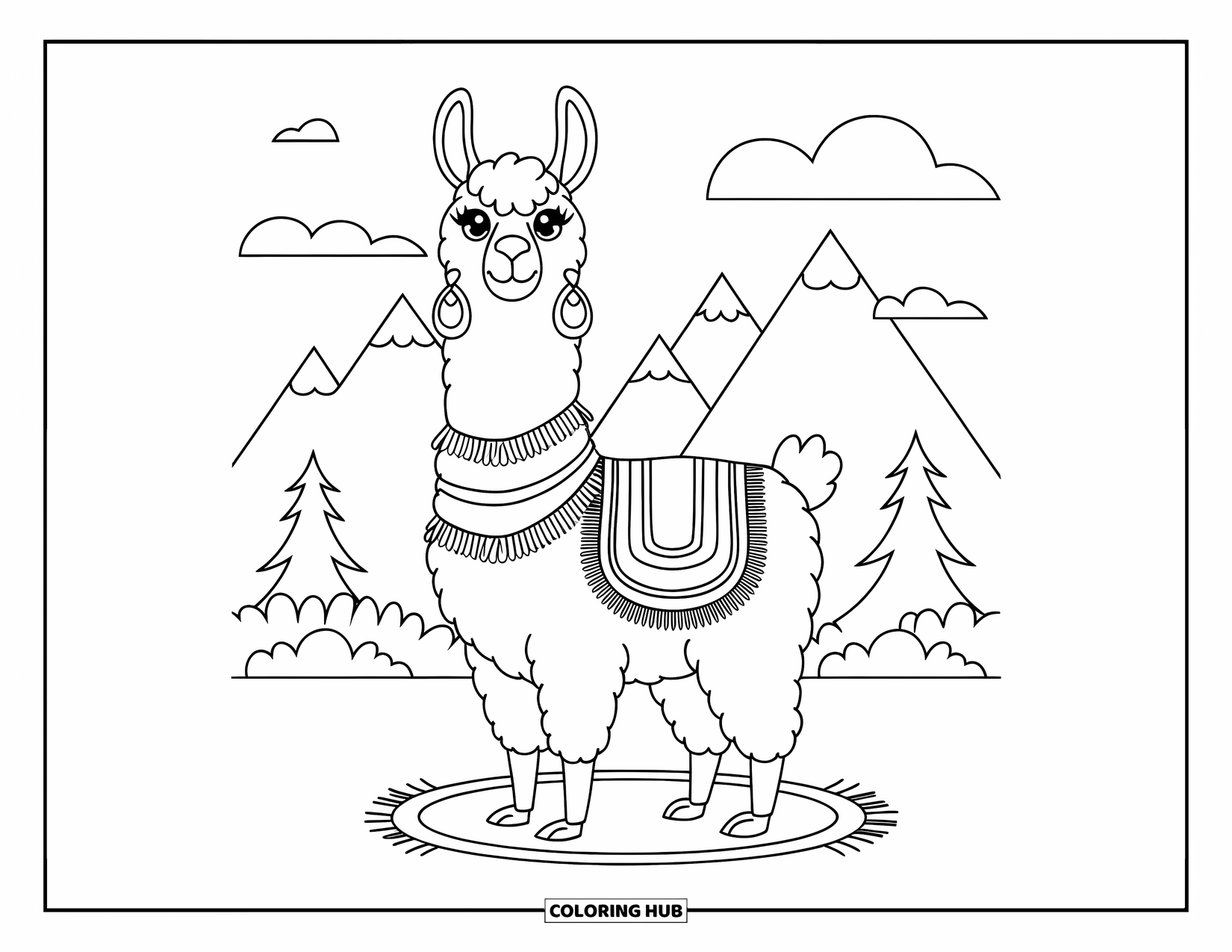 Llama Coloring Page for Kids: A cozy llama in a striped poncho poses on a rug by the mountains