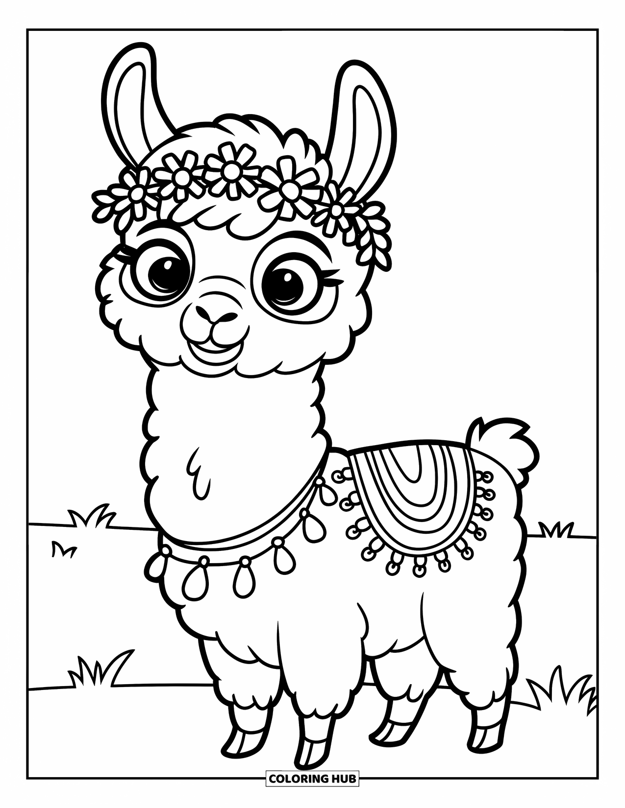Llama Coloring Page for Kids: A cute llama in a flower crown stands peacefully on grassy ground