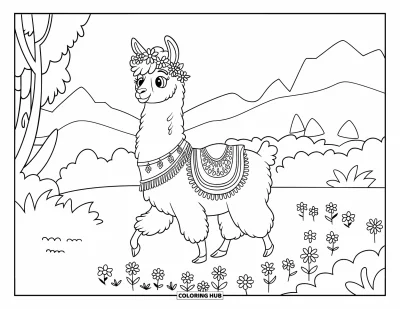 Coloriage de lama pour enfants : Un lama couronné de fleurs marche sur un sentier fleuri à travers un pré de montagne