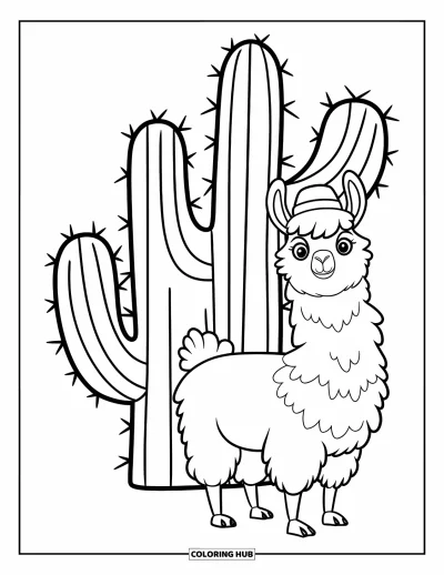 Coloriage de lama pour enfants : Un lama tout duveteux portant un chapeau rouge se tient près d'un cactus aux branches épineuses