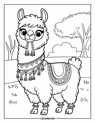 Coloriage de lama pour enfants : Un lama duveteux en écharpe et bracelets se tient calmement près des arbres