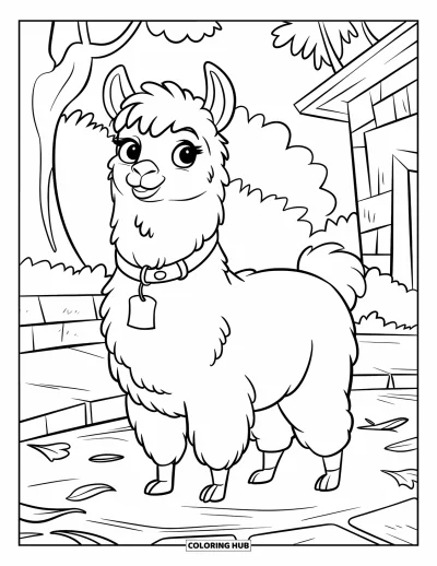 Coloriage de lama pour enfants : Un lama tout duveteux se tient sur un chemin de pierres couvert de feuilles avec des arbres alentour