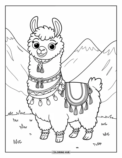 Coloriage de lama pour enfants : Un lama duveteux avec des accessoires se tient dans un champ d'herbe près des montagnes