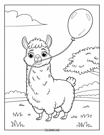 Coloriage de lama pour enfants : Un lama duveteux aux grands yeux se tient dans l'herbe en tenant un ballon
