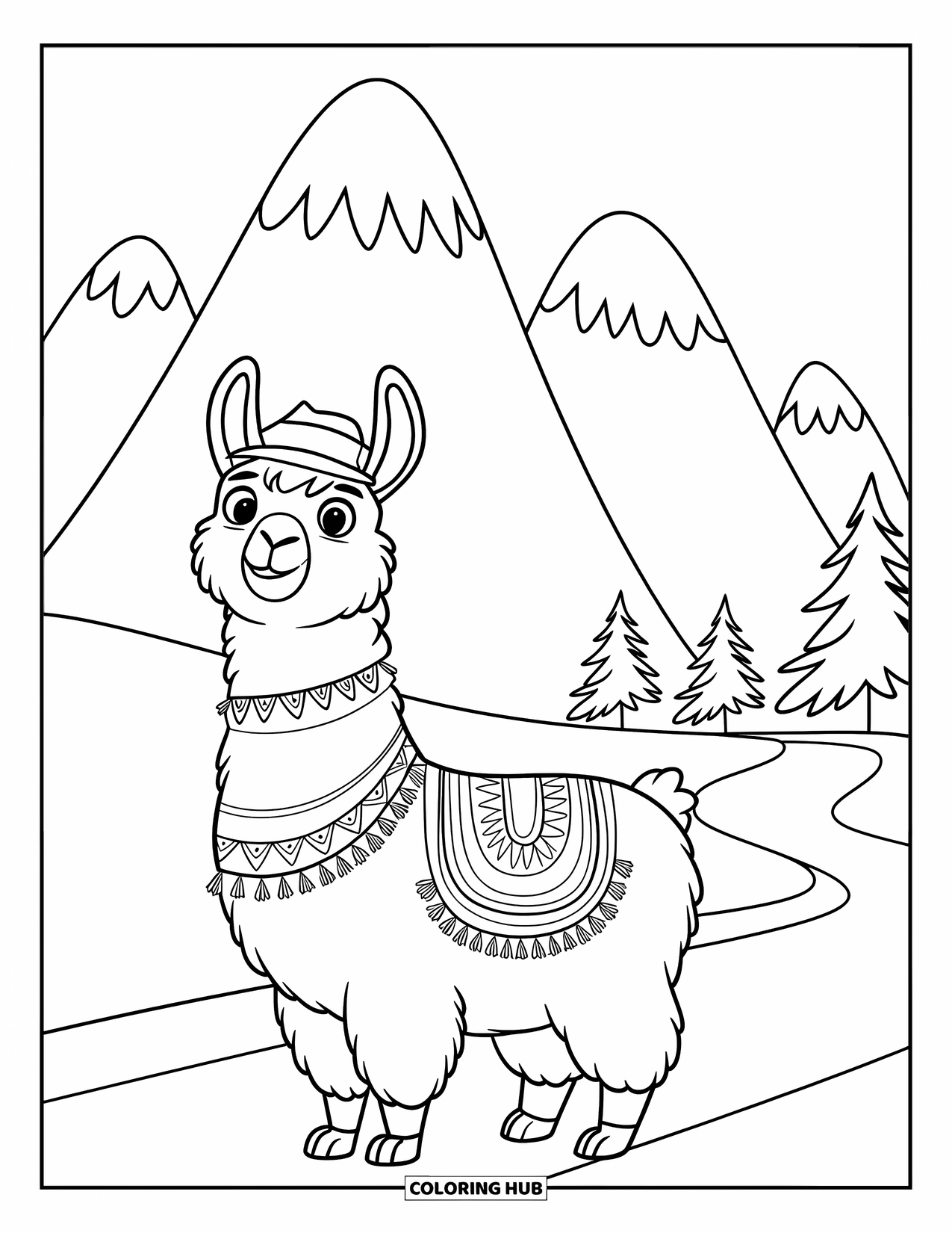 Llama Coloring Page for Kids: A friendly llama in a hat and blanket stands on a path toward rounded hills