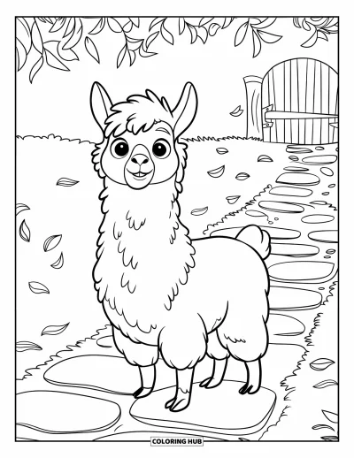 Coloriage de lama pour enfants : Un lama avenant se tient sur un chemin de pierres fleuri près d'un portail en bois
