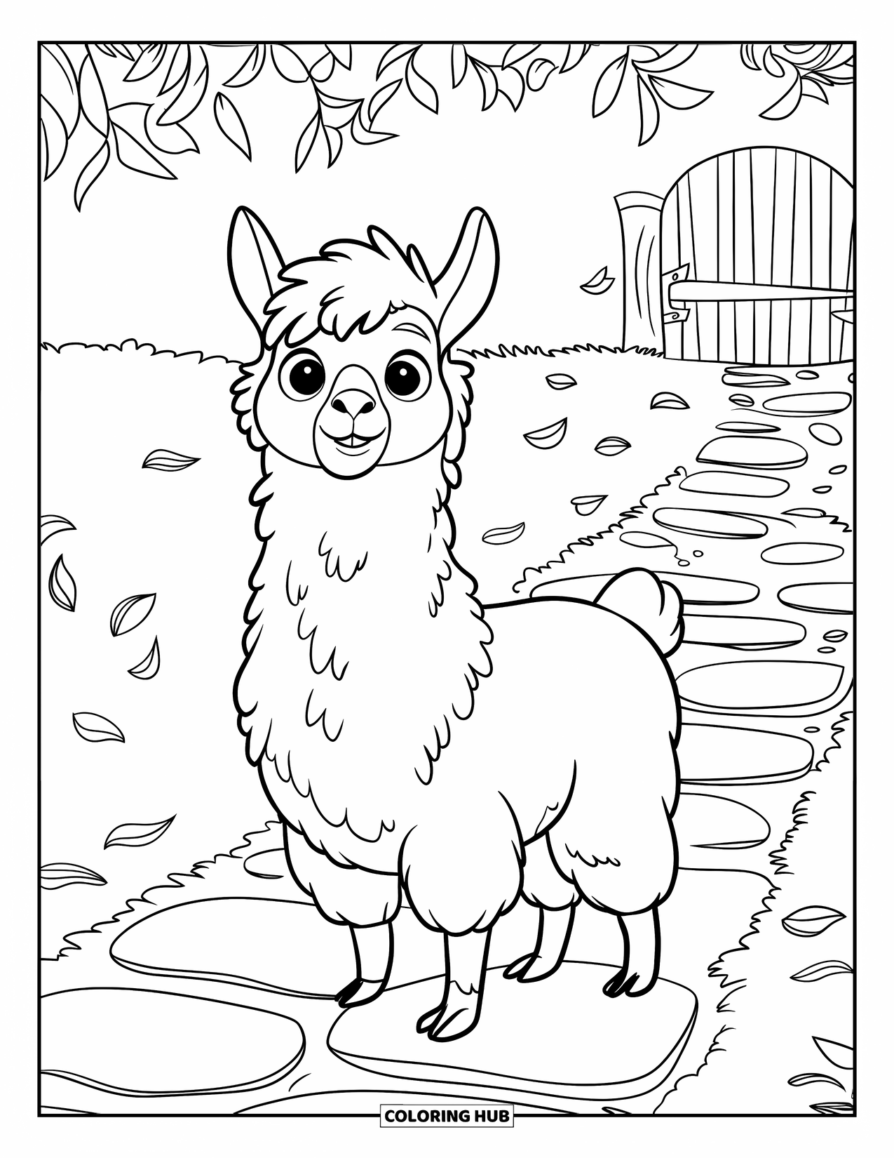 Llama Coloring Page for Kids: A friendly llama stands on a leafy stone path near a wooden gate