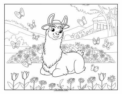 Coloriage de lama pour enfants : Un lama heureux en chapeau profite d'un beau jardin fleuri avec des papillons qui volettent