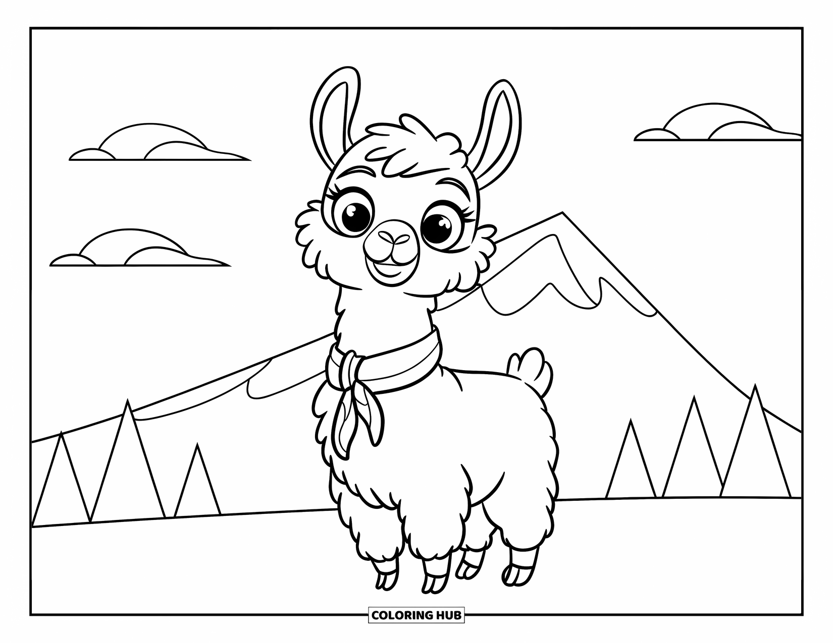 Llama Coloring Page for Kids: A happy llama in a scarf stands near a mountain under a cloudy sky