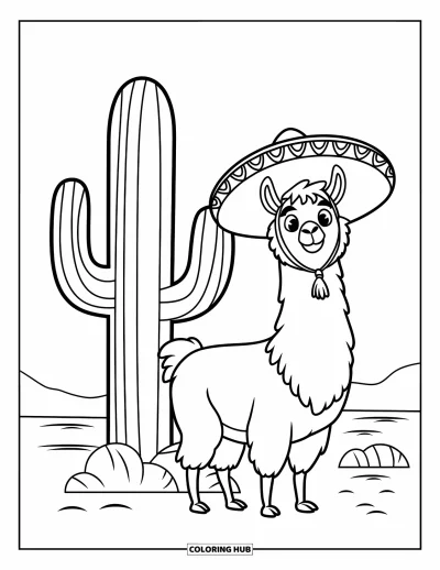 Coloriage de lama pour enfants : Un lama heureux coiffé d'un sombrero se tient à côté d'un grand cactus dans le désert