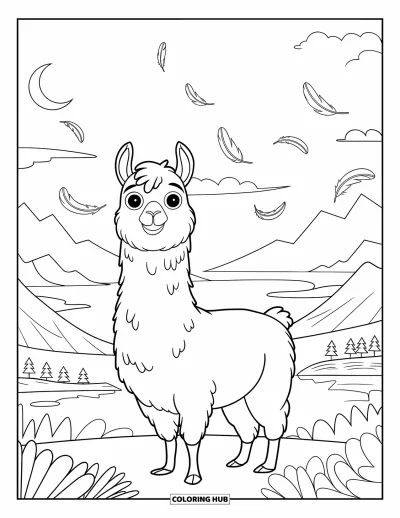 Coloriage de lama pour enfants : Un lama heureux se tient sous un ciel rempli de lunes et de plumes flottantes