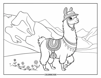 Coloriage de lama pour enfants : Un lama casqué marche sur un sentier fleuri sous un ciel de montagne ensoleillé