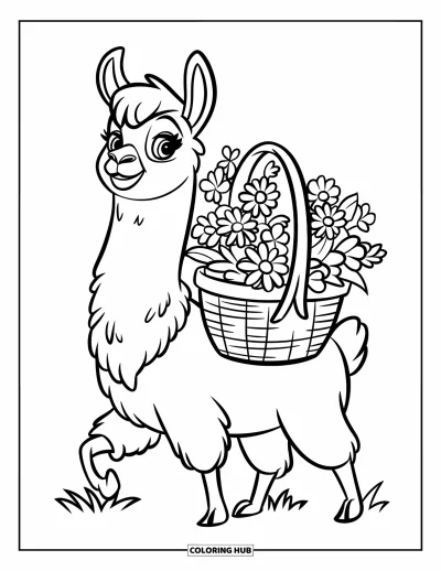 Coloriage de lama pour enfants : Un lama porte un panier de fleurs en marchant dans l'herbe