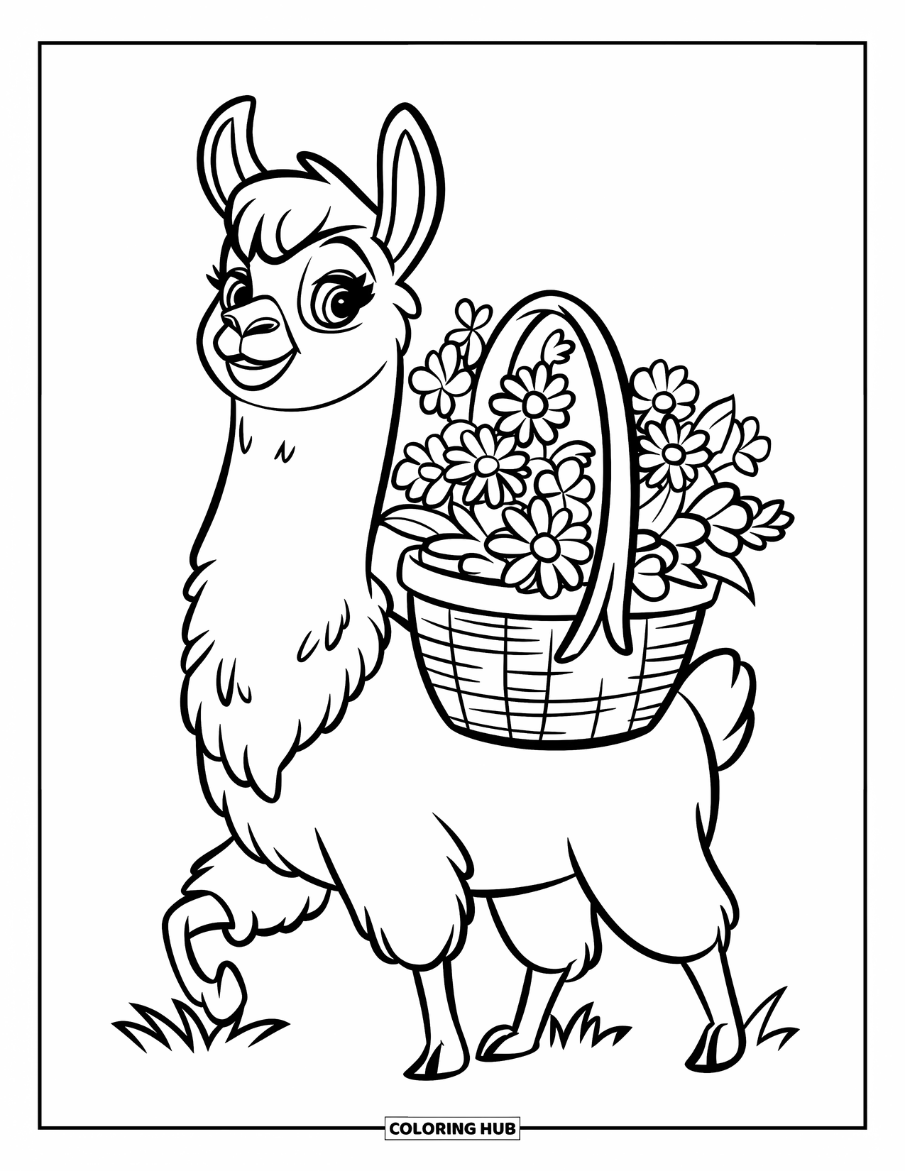 Llama Coloring Page for Kids: A llama carries a basket of flowers while walking through the grass