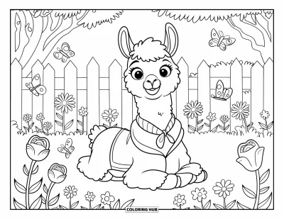 Coloriage de lama pour enfants : Un lama en veste et écharpe se prélasse parmi des fleurs épanouies et des papillons