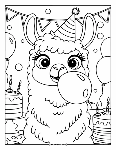 Coloriage de lama pour enfants : Un lama coiffé d'un chapeau de fête tient un ballon entouré de décorations festives