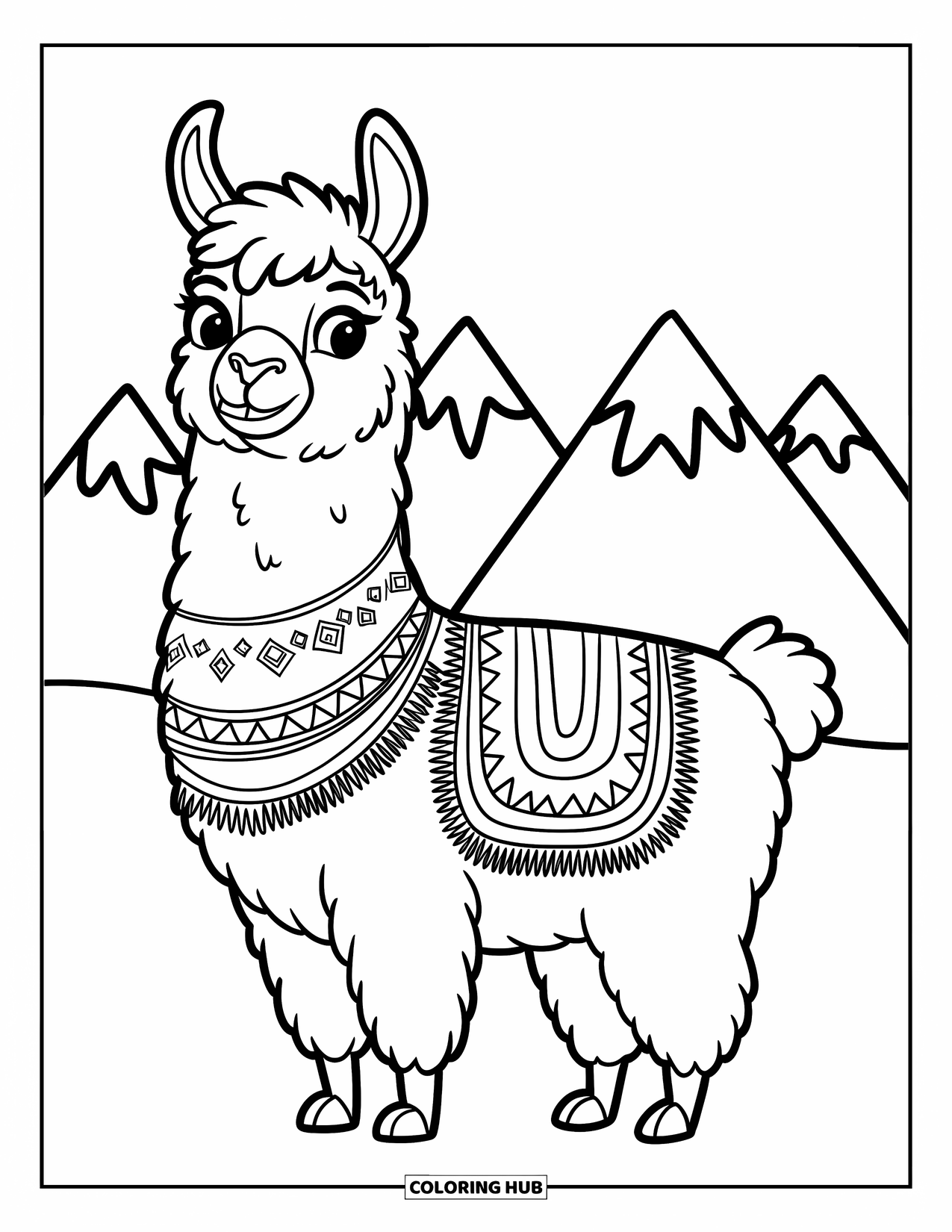 Llama Coloring Page for Kids: A llama in a patterned blanket stands happily in front of simple mountains