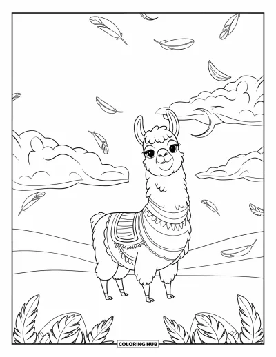 Coloriage de lama pour enfants : Un lama en pull rayé se tient sous un ciel parsemé de lunes et de nuages duveteux