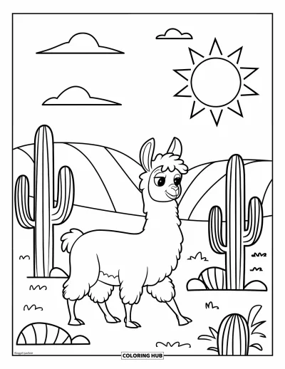 Coloriage de lama pour enfants : Un lama marche près de cactus sous le soleil dans un vaste désert