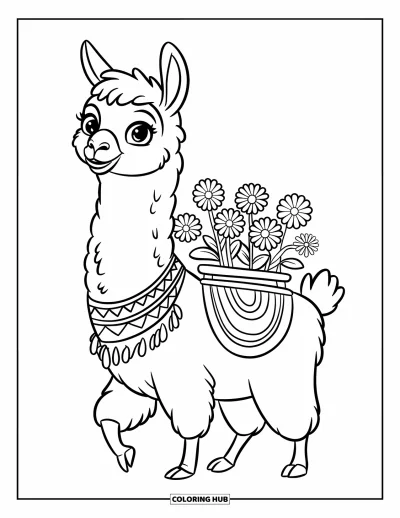 Coloriage de lama pour enfants : Un lama marche dans l'herbe avec un panier de fleurs sur le dos