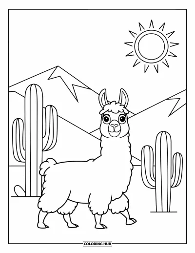 Coloriage de lama pour enfants : Un lama traverse un chemin désertique ensoleillé entouré de cactus et de montagnes