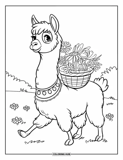 Coloriage de lama pour enfants : Un lama avec un collier transporte des fleurs en traversant un champ verdoyant