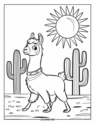 Coloriage de lama pour enfants : Un lama avec un collier passe devant des cactus sous un ciel lumineux et ensoleillé