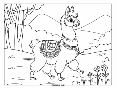 Coloriage de lama pour enfants : Un lama avec une selle décorée marche sur un sentier bordé de fleurs et d'arbres