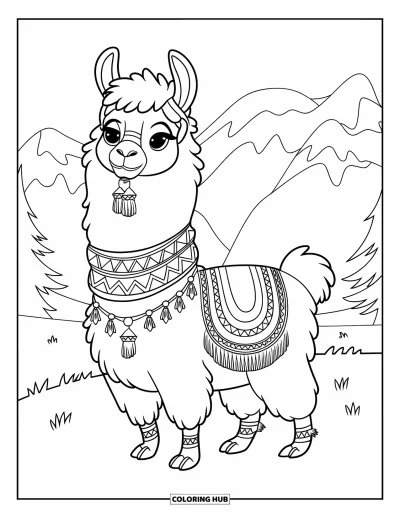 Coloriage de lama pour enfants : Un lama serein avec une écharpe tribale et des bracelets se tient parmi les arbres et les montagnes