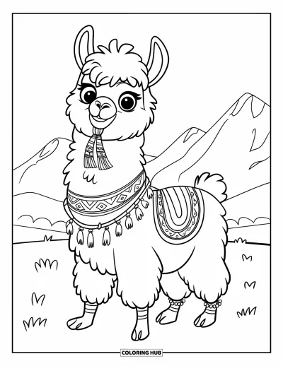 Coloriage de lama pour enfants : Un lama espiègle avec des bracelets et une écharpe sourit dans un champ d'herbe