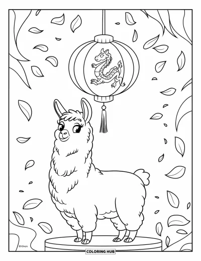 Coloriage de lama pour enfants : Un lama fier sur un piédestal se tient sous une lanterne en forme de dragon et des pétales qui tombent