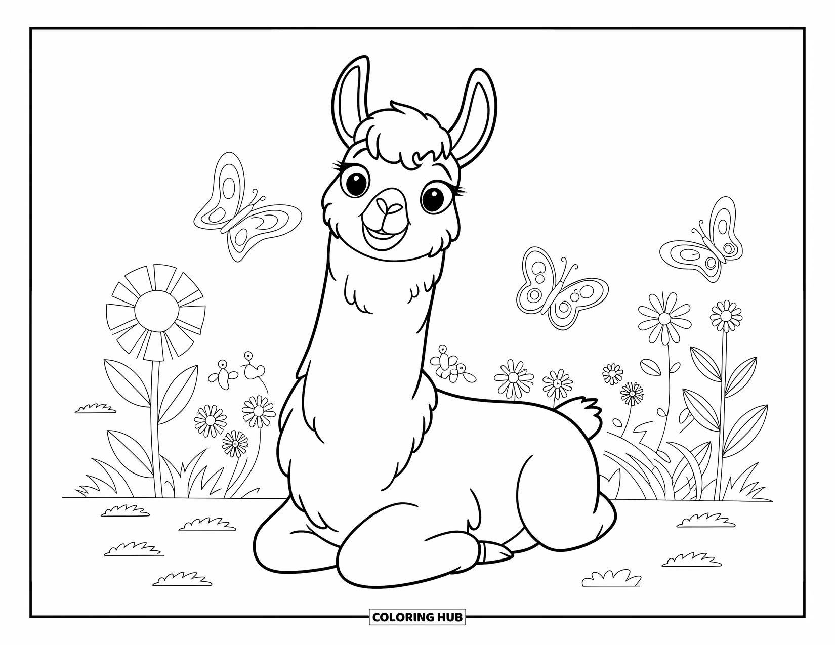 Llama Coloring Page for Kids: A relaxed llama rests in a colorful garden full of butterflies and flowers