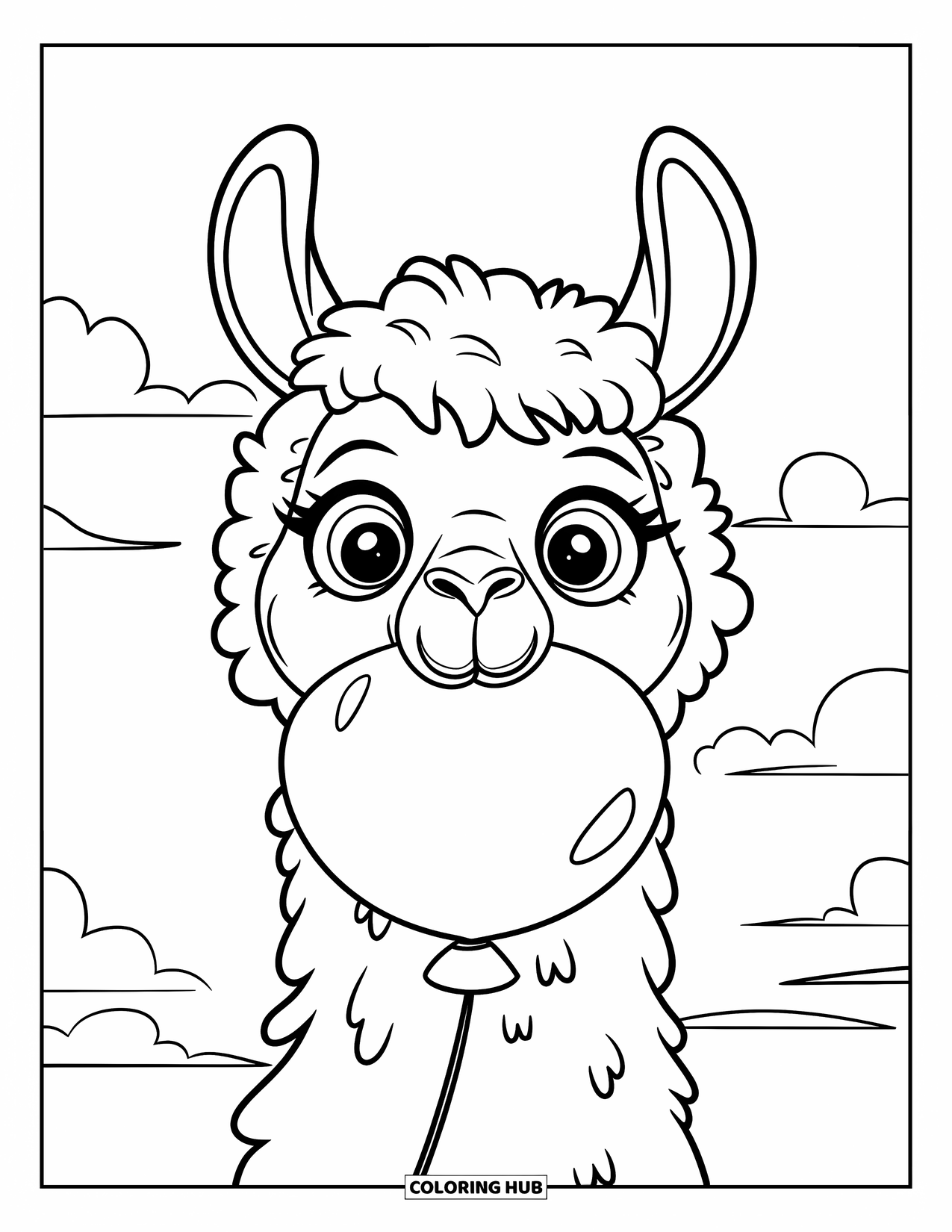 Llama Coloring Page for Kids: A smiling llama holds a balloon in its mouth under a soft sky
