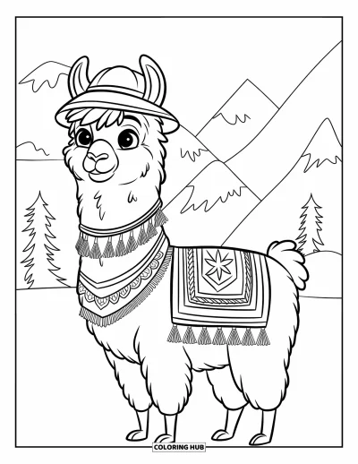 Coloriage de lama pour enfants : Un lama souriant coiffé d'un chapeau et d'une couverture se tient près d'arbres et de douces montagnes
