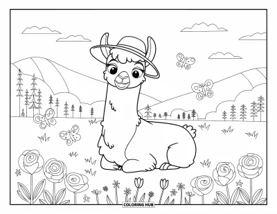Coloriage de lama pour enfants : Un lama souriant en chapeau se détend dans un jardin entouré de papillons qui volettent