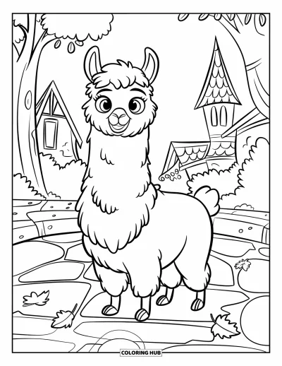 Coloriage de lama pour enfants : Un lama souriant se promène sur un chemin jonché de feuilles près de bâtiments aux toits pointus