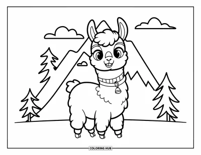 Coloriage de lama pour enfants : Un lama souriant portant une clochette se tient près d'une montagne et de quelques arbres