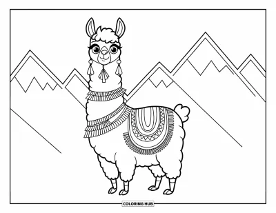 Coloriage de lama pour enfants : Un lama élégant en poncho se tient fièrement devant des sommets montagneux